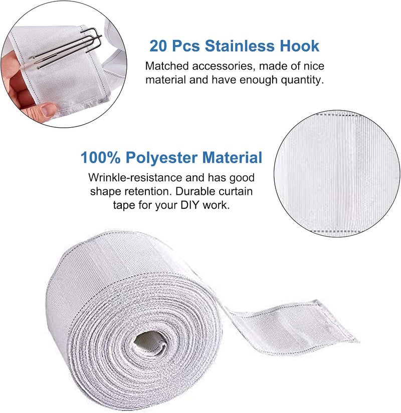 INCREWAY Curtain Accessory, 10 Meters/10.9 Yards White Curtain Heading Deep Pinch Tape Pull Pleat Tape with 20 Pcs Stainless Steel 4 Prong Curtain Pleat Hook Clip - Image 3